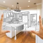 Female Hands Framing Custom Kitchen Design Drawing and Square Photo Combination.